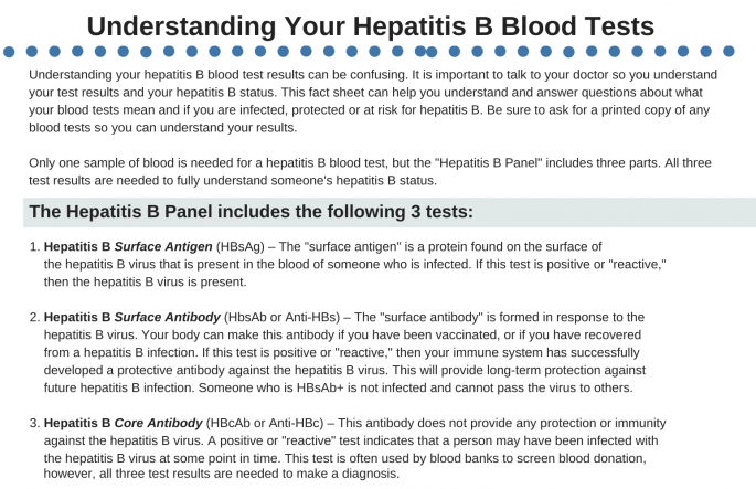 Understanding Your Hepatitis B Blood Tests Fact Sheet updated October 2018